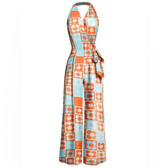 NWT Retro Stage 60s Inspired HALTER COLORBLOCK FLORAL SLEEVELESS JUMPSUIT sz 2XL - Picture 2 of 15